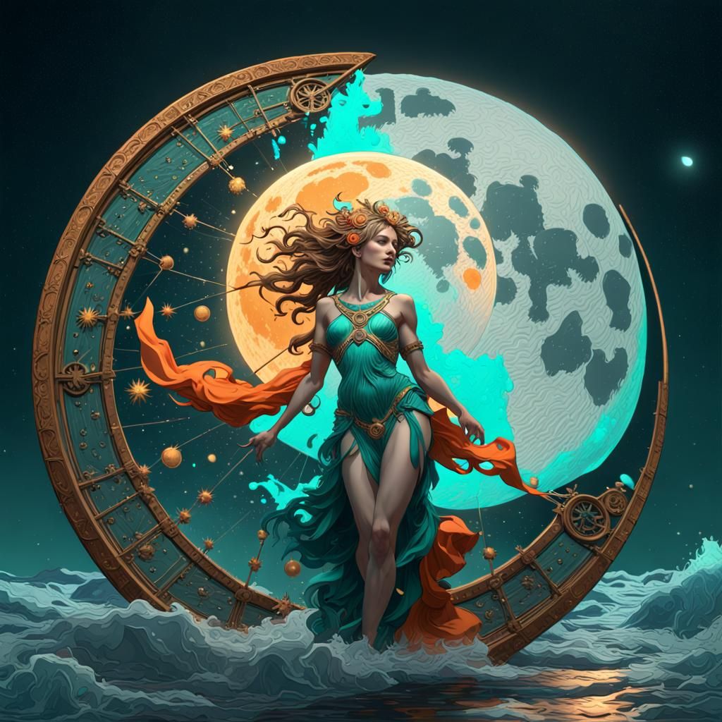 Mystic Full Moon with Zodiac Wheel in Splash Art