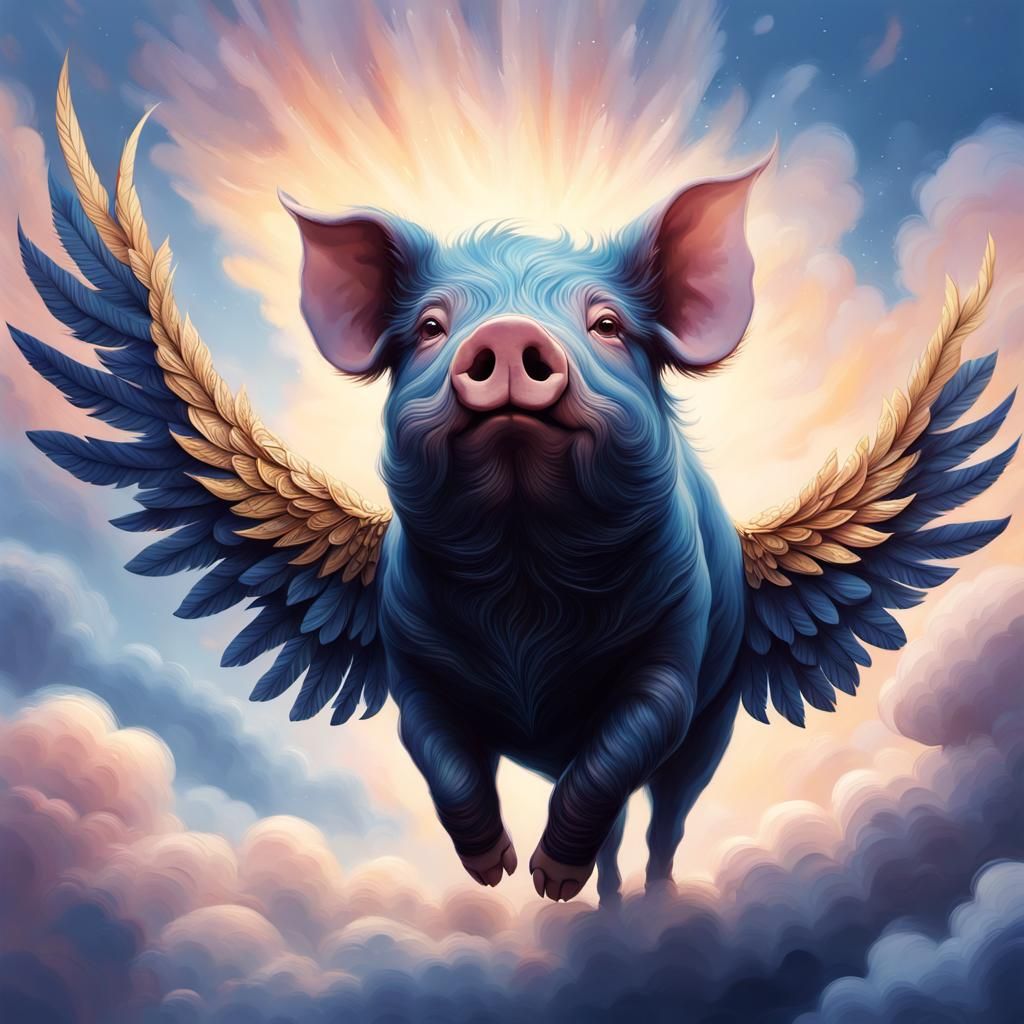 Silhouetted Pig Soaring with Feather Wings