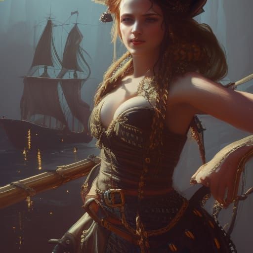Beautiful Pirate in Tavern, Detailed Matte Painting