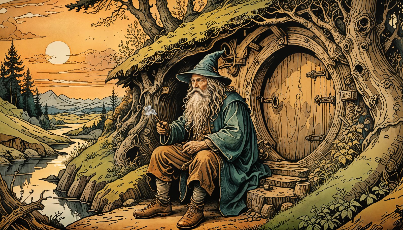 Hobbit Hole with Wizard in Durer Woodcut Style
