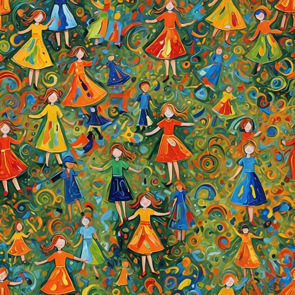 Children Playing in Village: Abstract Expressionist Art