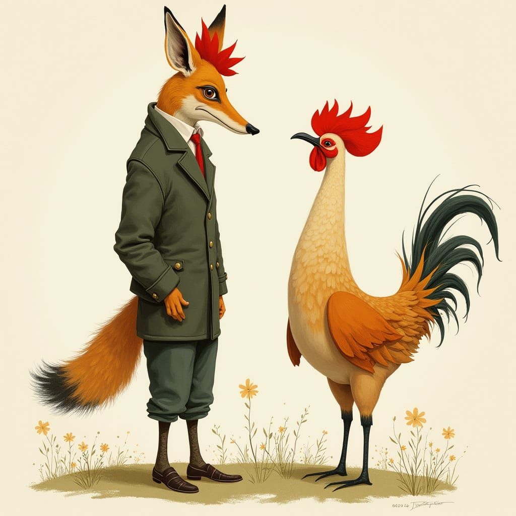 Anthropomorphic Rooster and Coyote in Expressive Watercolor ...