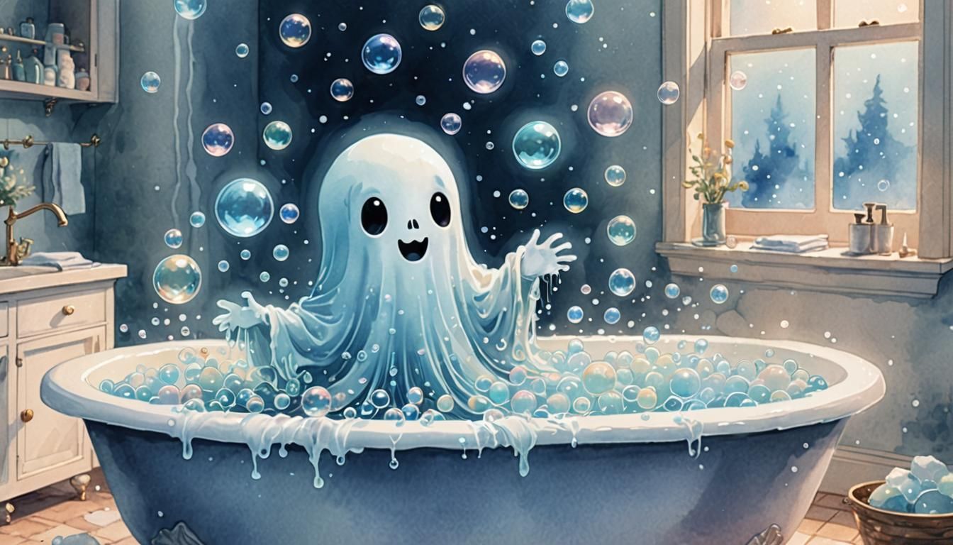 Cute Ghost in Bubble Bath, Watercolor Illustration