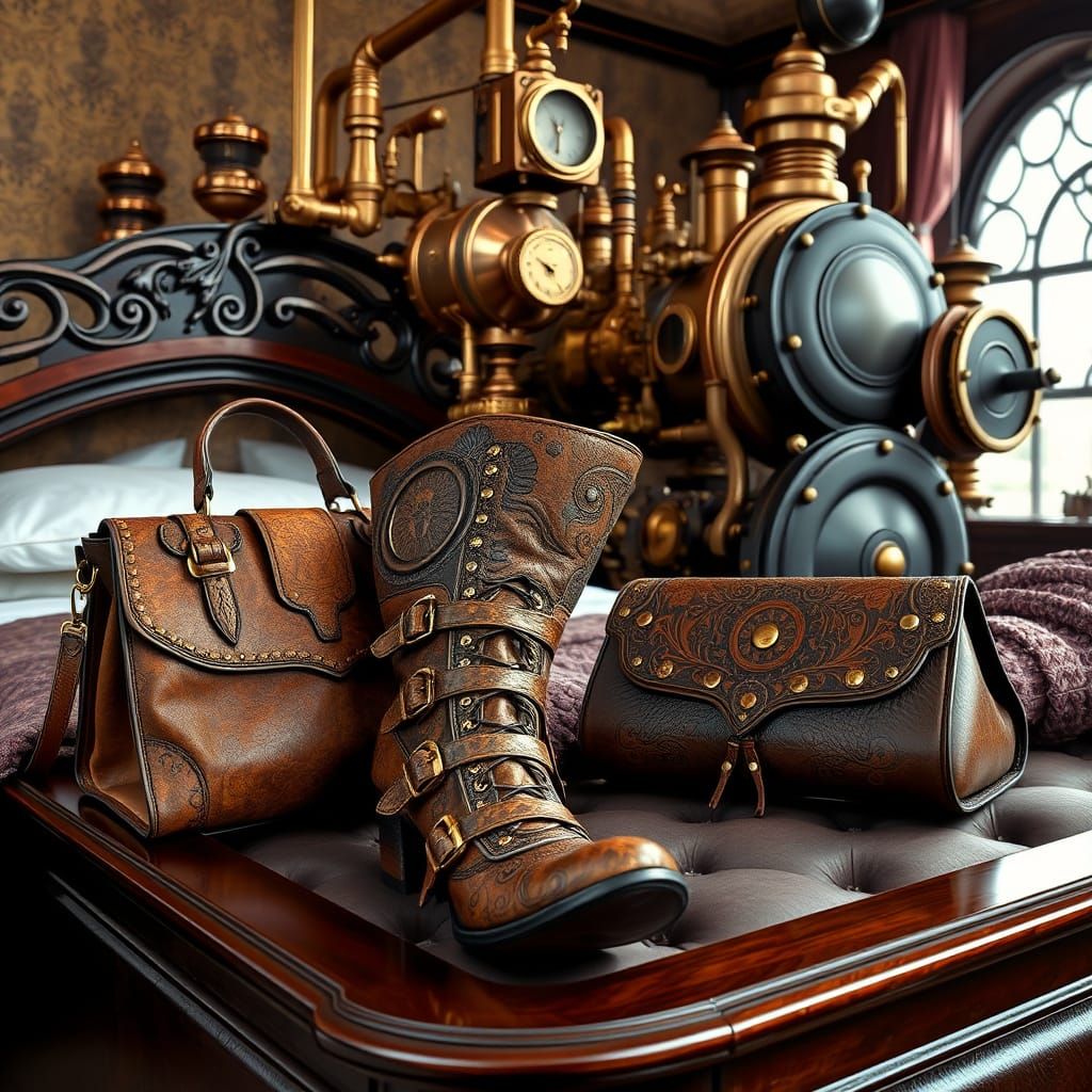 Steampunk Boots and Handbag on Elegant Victorian Bed