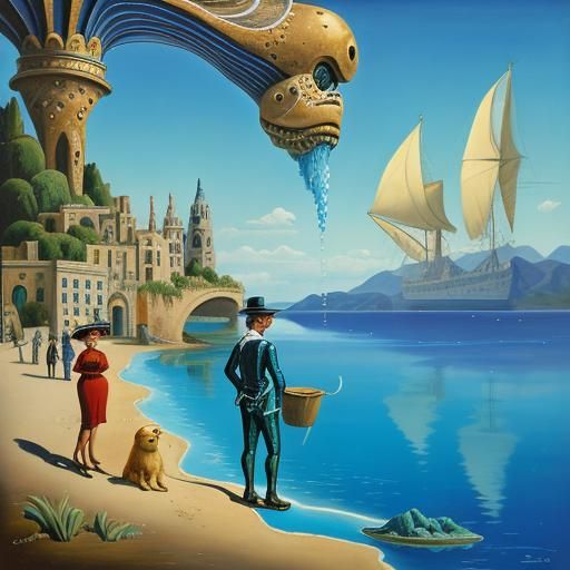 Surrealist Water Family on a Melting Shoreline