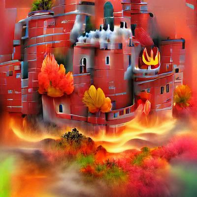 Fantasy Castle Ablaze in Autumnal Landscape