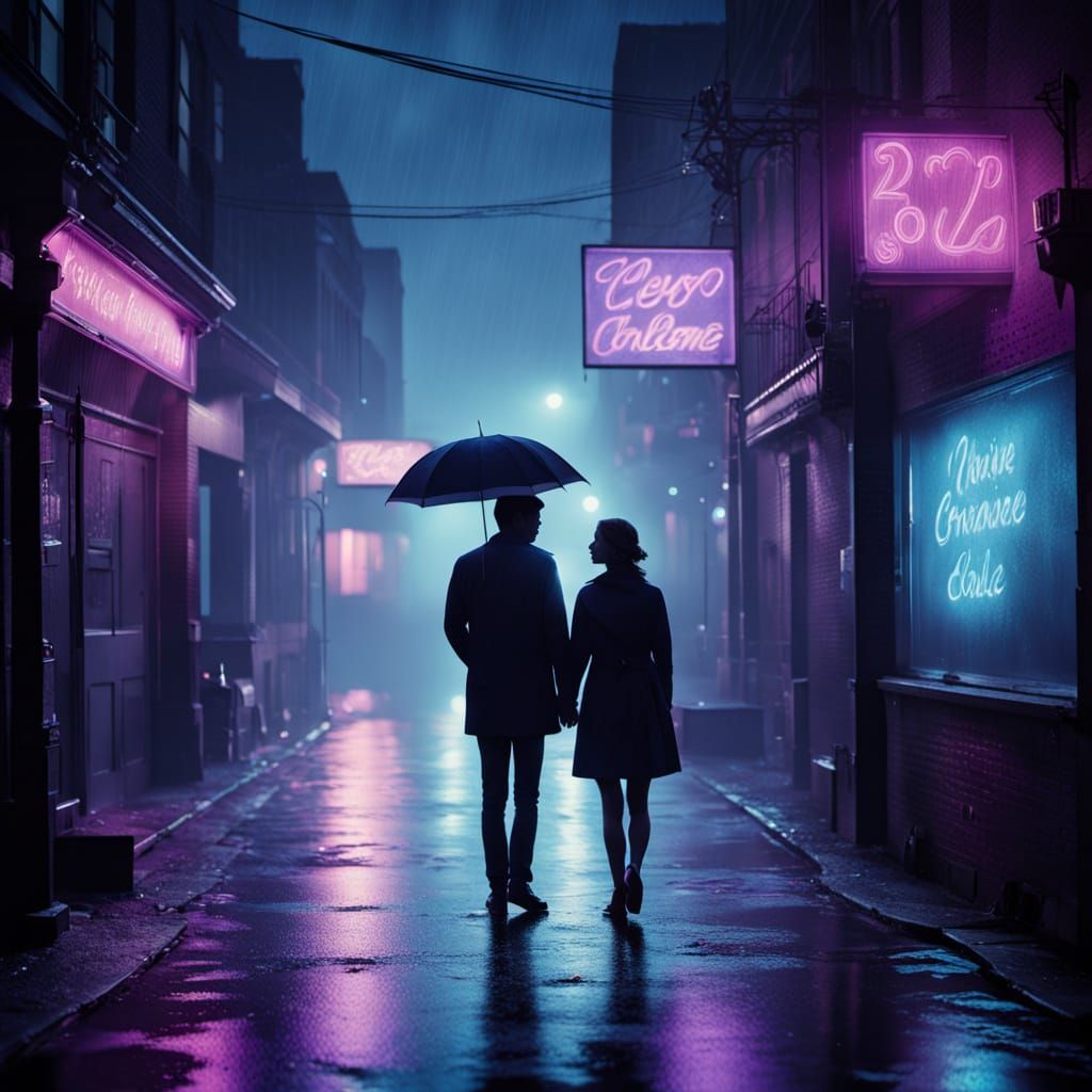Romantic Couple Silhouetted by Neon Sign in Rainy Alley