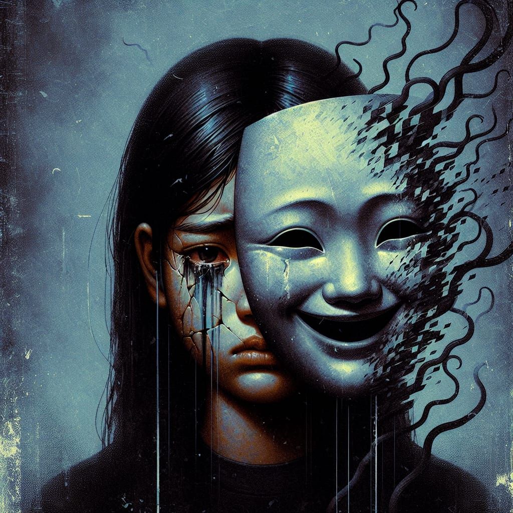 Sad Girl with Broken Mask: Surreal Horror Illustration