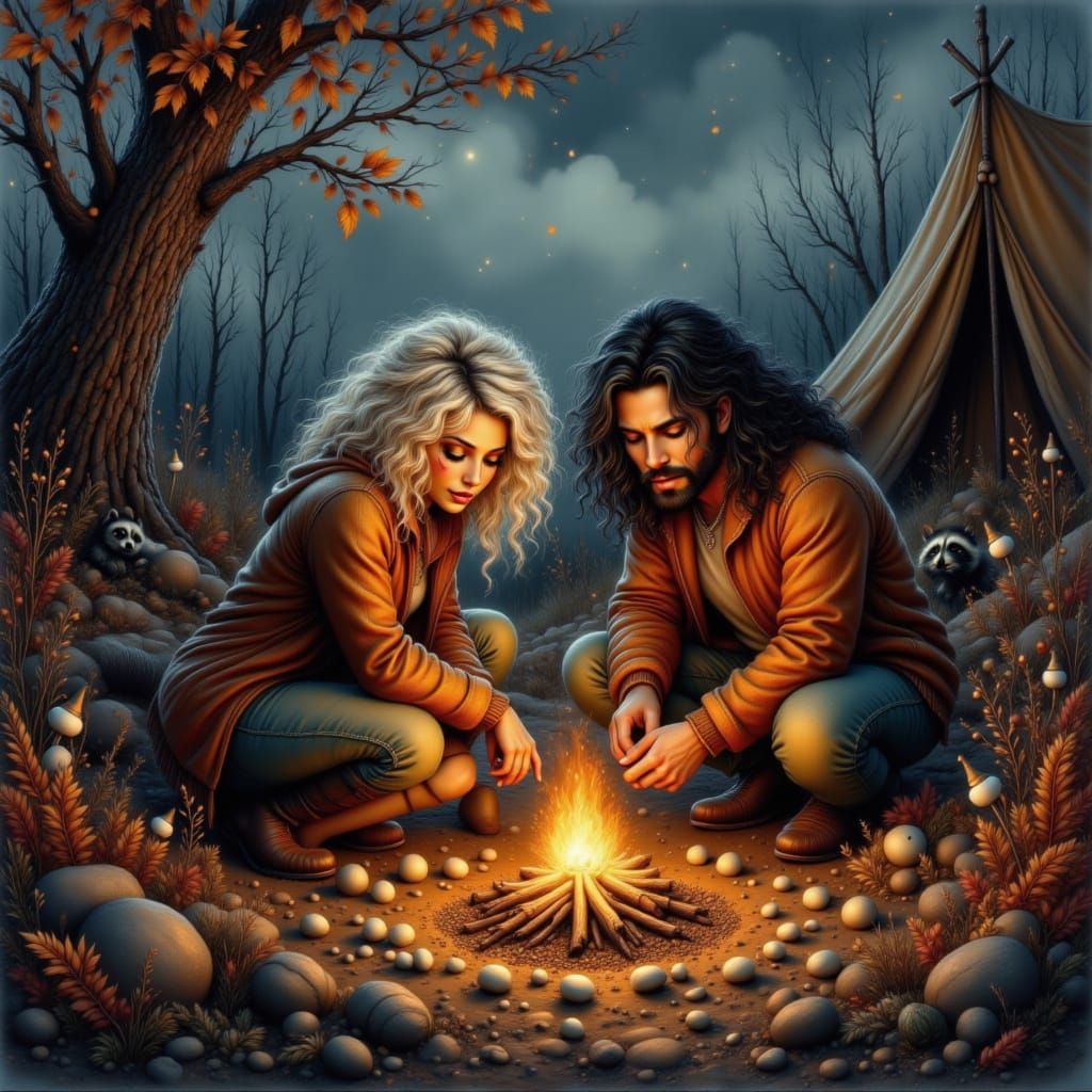 Couple Roasting Marshmallows by Campfire with Tent