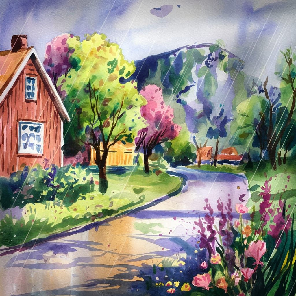 Colorful Rainy Day in Norway: A Watercolor Painting