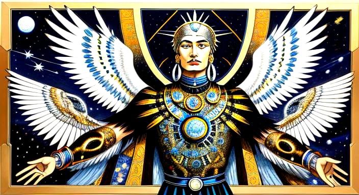 Cosmic Hawk with Crystal Beadwork in Surreal Style