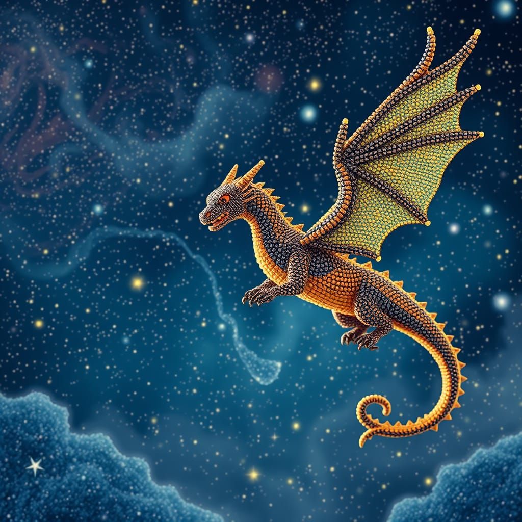 Beaded Celestial Dragon Soaring Through Cosmic Sky
