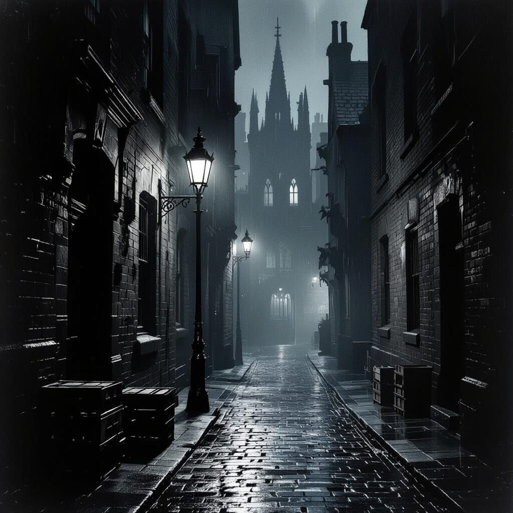 Noir Alleyway at Midnight: Gas Lamp and Rain