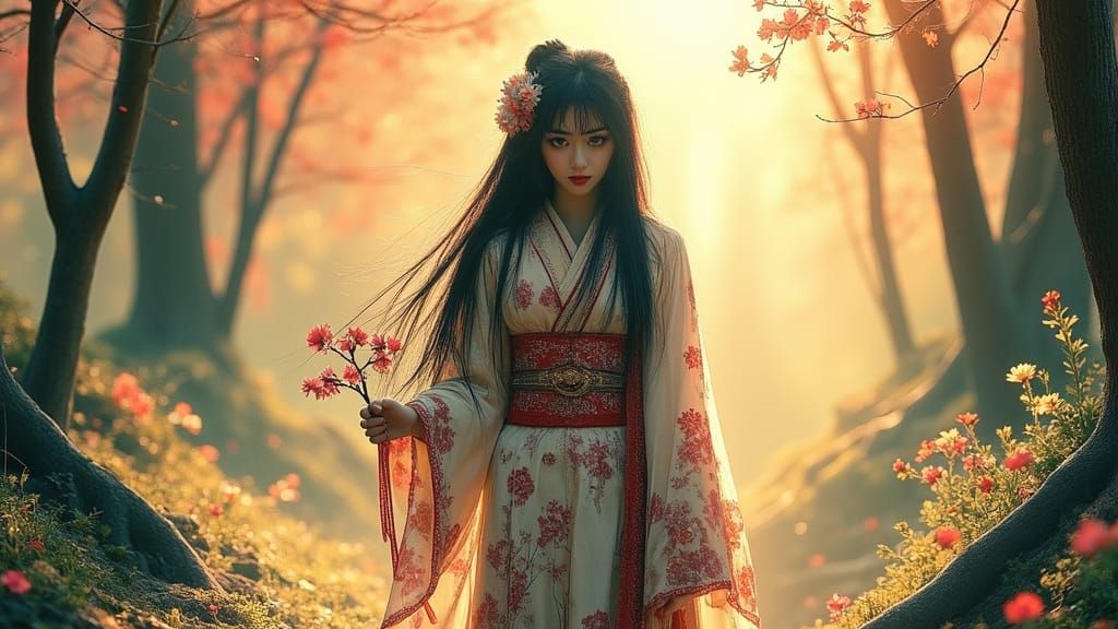 Japanese Empress in Forest Clearing, Anime Style