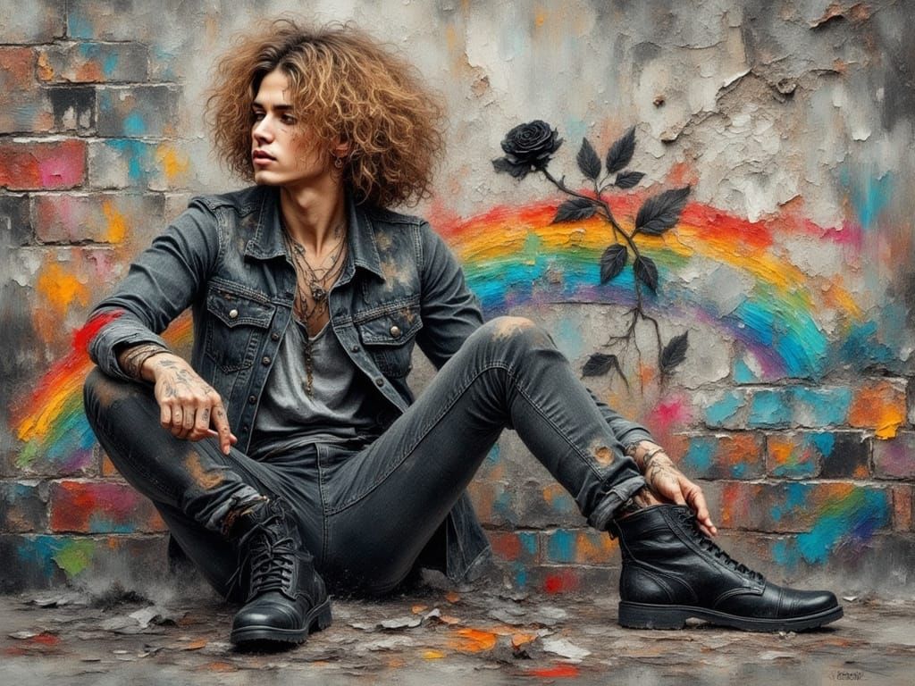 Grunge Rocker with Rose in Dreamy Watercolor Style