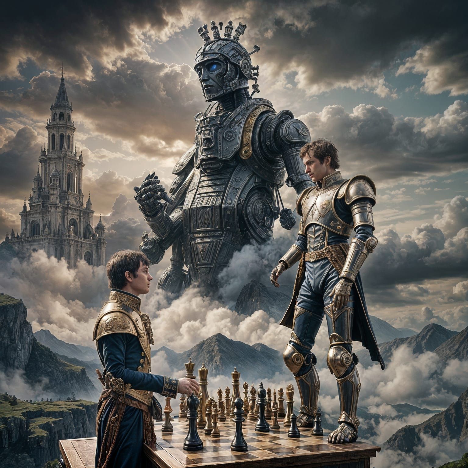 Napoleon and Robot Chess Match in Dreamy Landscape