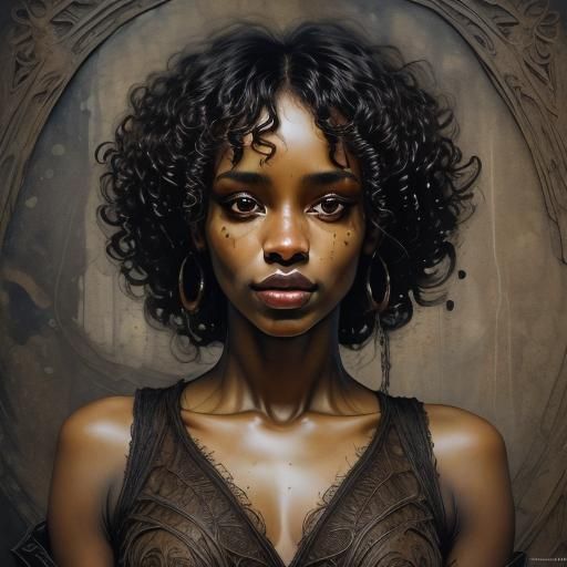 Dark-Skinned Beauty with Curly Hair in Ink Portrait Style