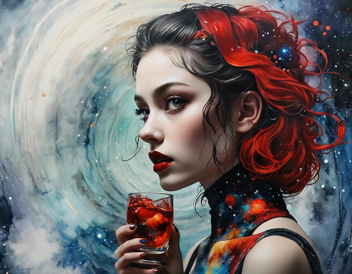 Cosmic Woman Surrounded by Saturn Rings in Alcohol Ink