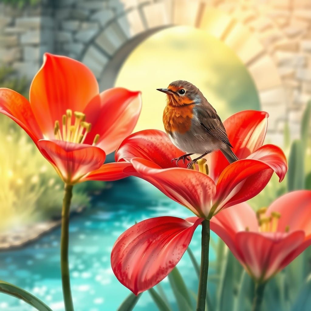 Robin on Lily Pads: Impressionistic Watercolor Illustration