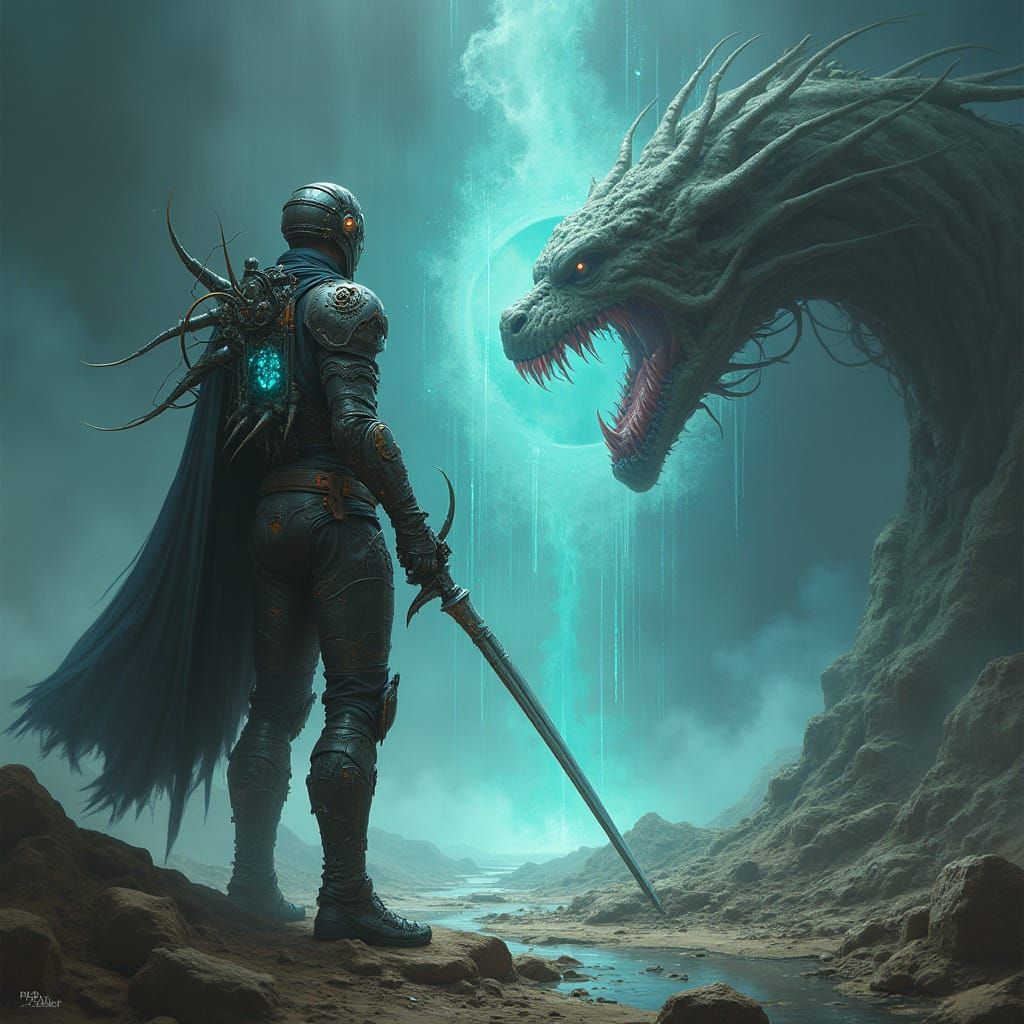 Cyberpunk Warrior Defends Dream Gate in Bio-Armor