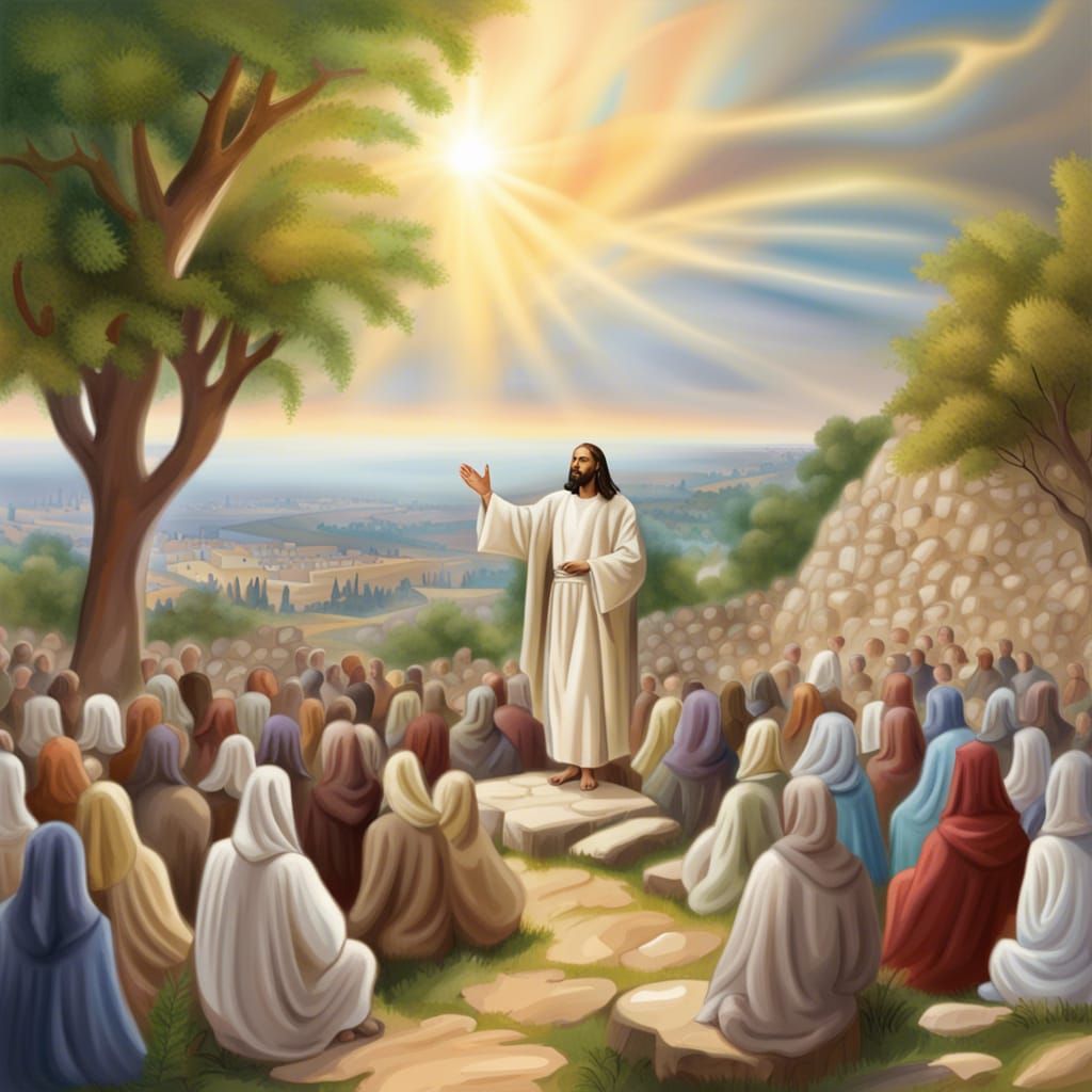 "Jesus with sitting on a hill overlooking Jerusalem, trees and rocks and boulders and flowers all around , preaching the...