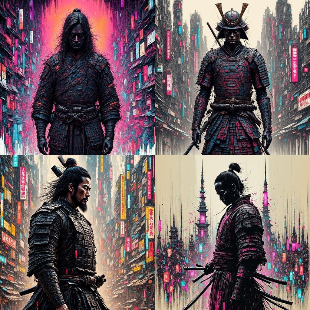 Samurai in Glitch Art Style with Tokyo Cityscape