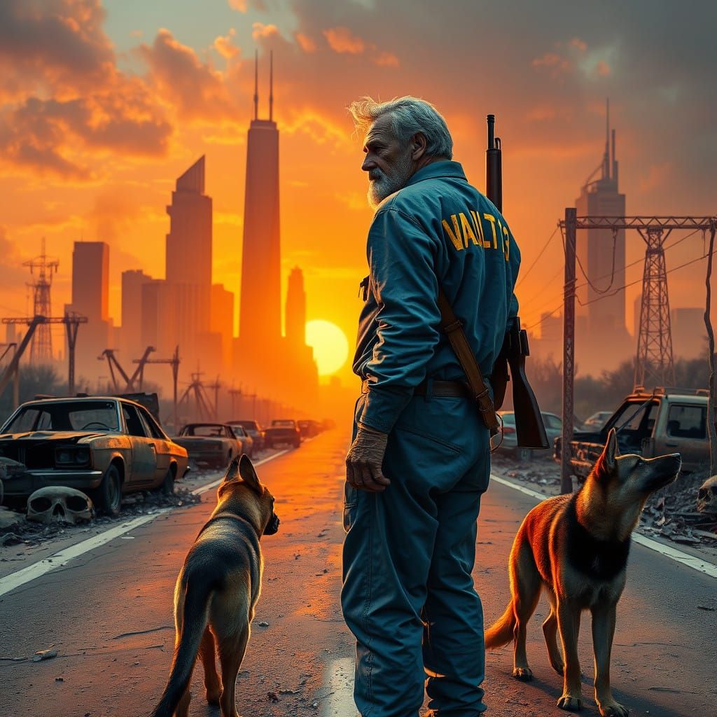 Weathered Wasteland Survivor in Faded Blue Jumpsuit