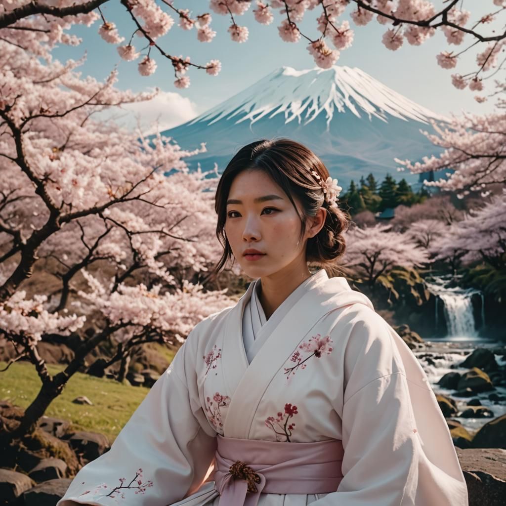 Japanese Girl in Futuristic Robes with Mount Fuji