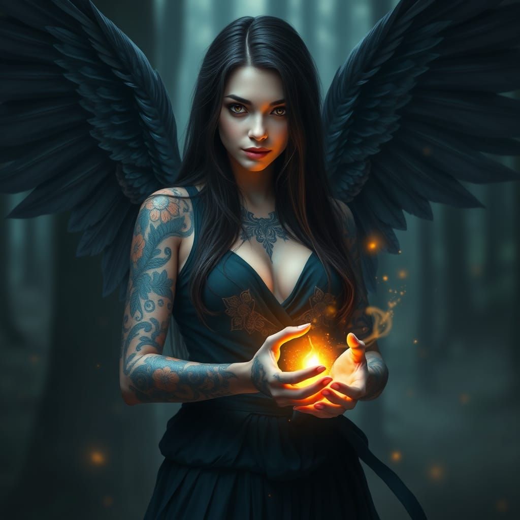 Dark Angel with Glowing Light in Fantasy Forest