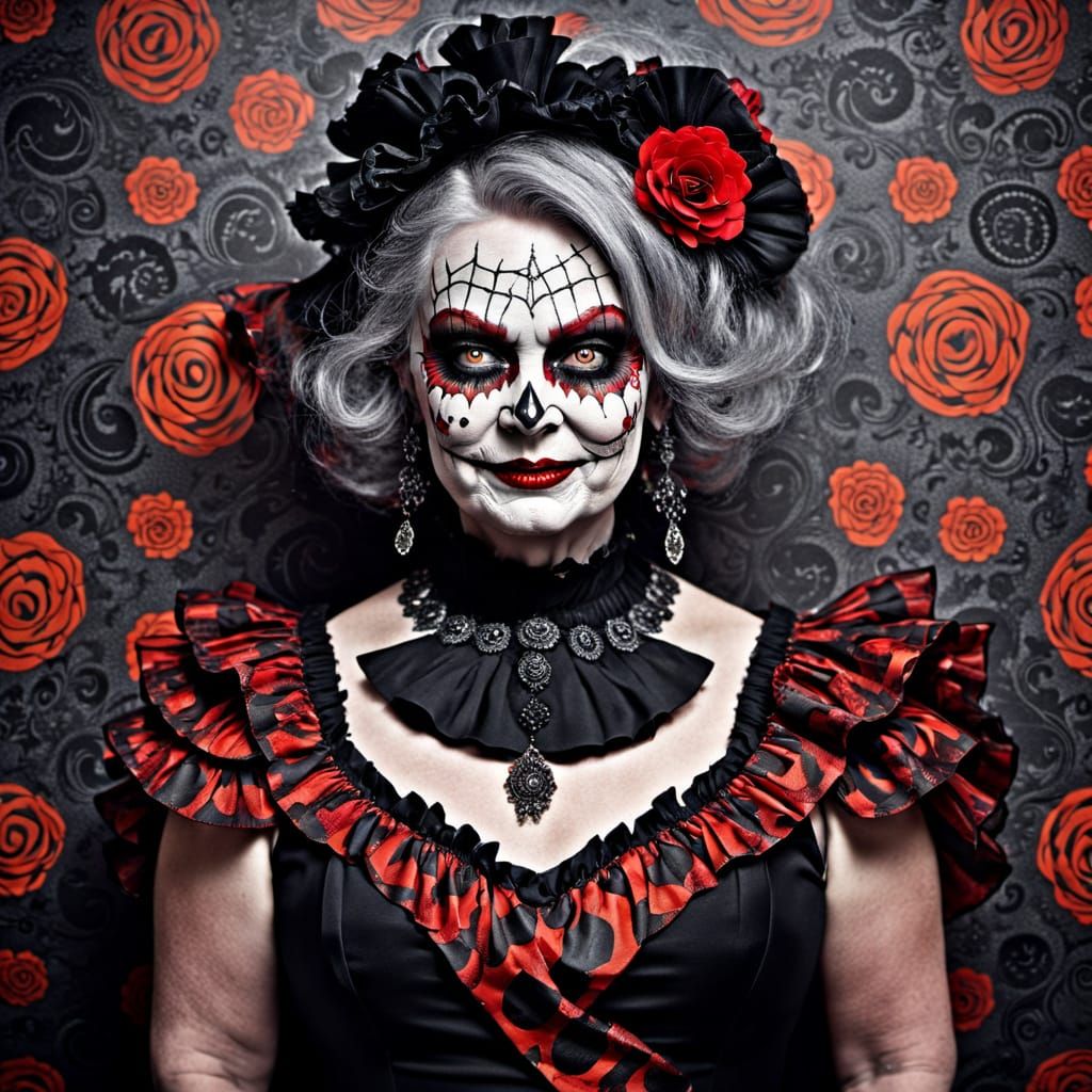 Gothic Eerie Portrait of Woman in Frilled Red Black Dress