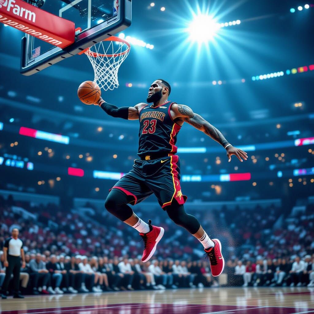 LeBron James Dunking in Roaring Arena Hyperrealistic Art