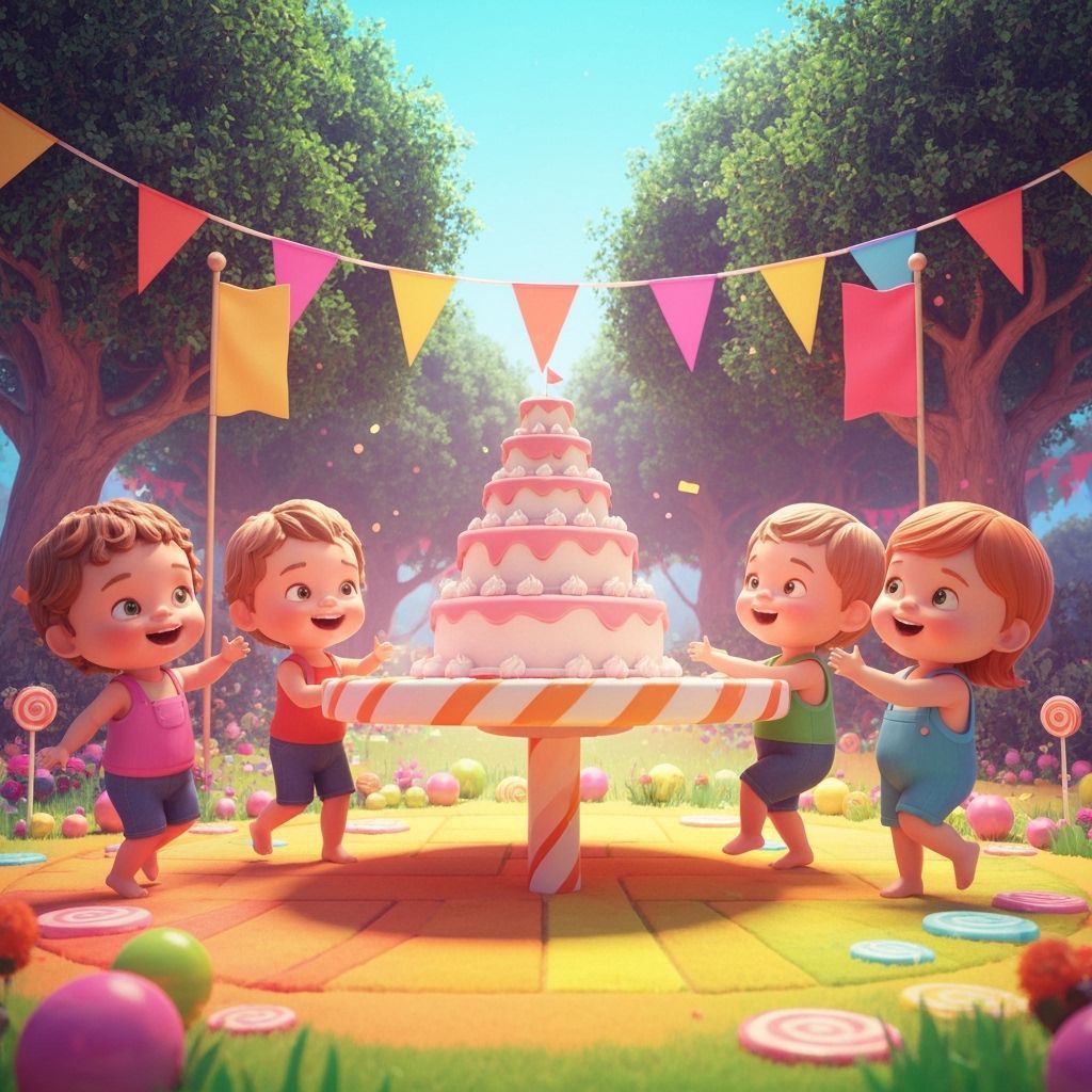 Whimsical Toddlers Dance Around Festive Cake in Candyland St...