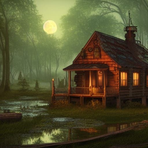 Steampunk Cabin in Lush Swamp: Detailed Matte Painting
