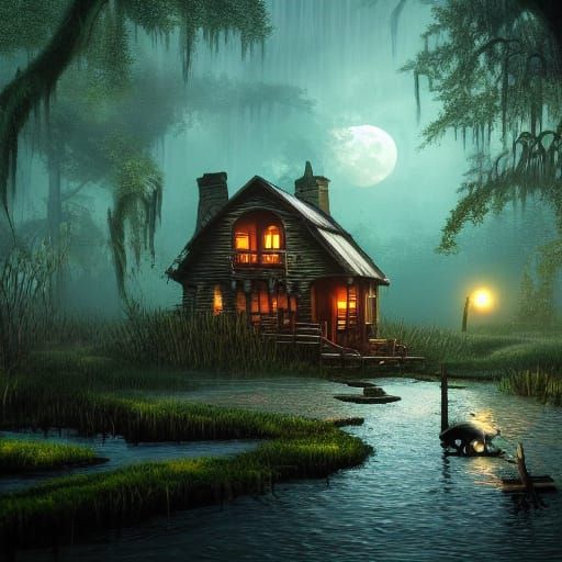 Steampunk Cabin in a Lush Swamp at Night