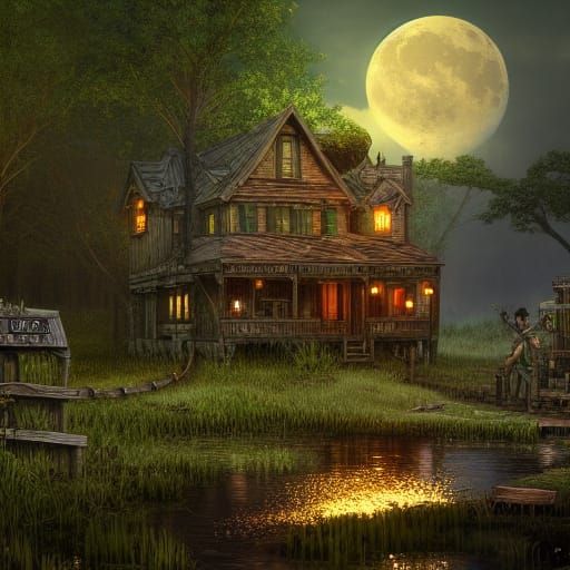 Steampunk Cabin in Lush Swamp at Moonlight