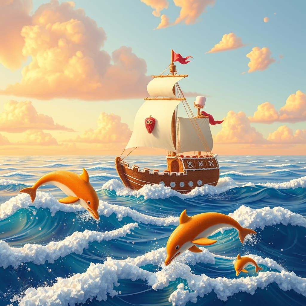 Gingerbread Pirate Ship Sails Soda Sea, Candy Dolphins
