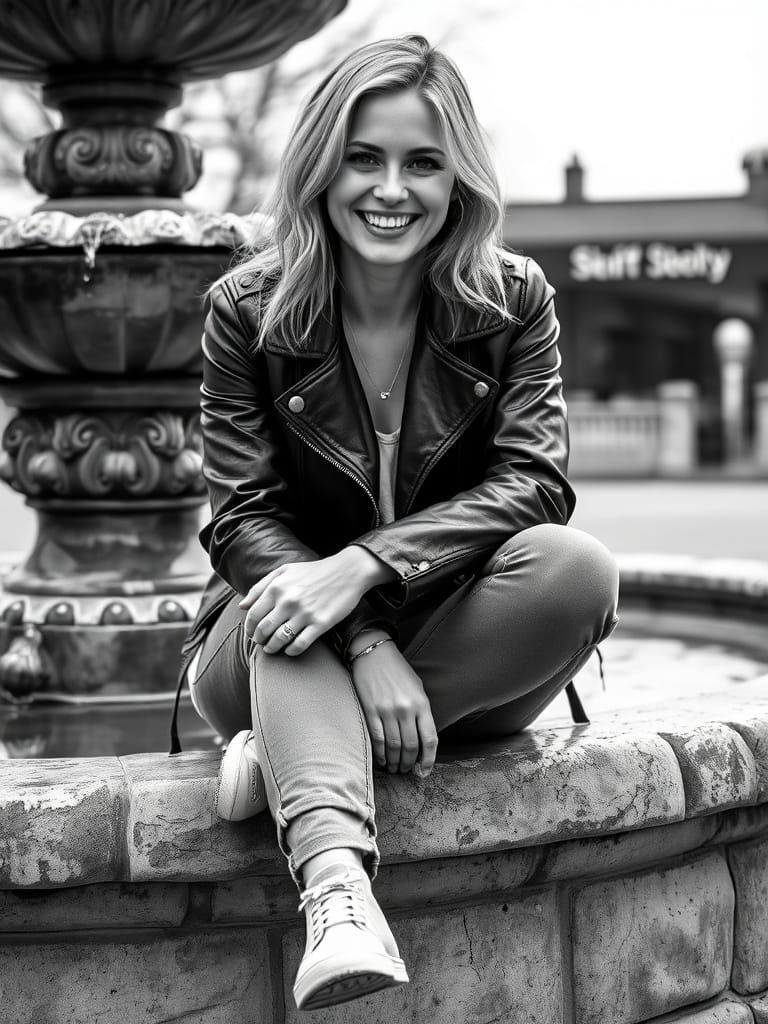 Casual Portrait of a Young Woman at a Weathered Fountain