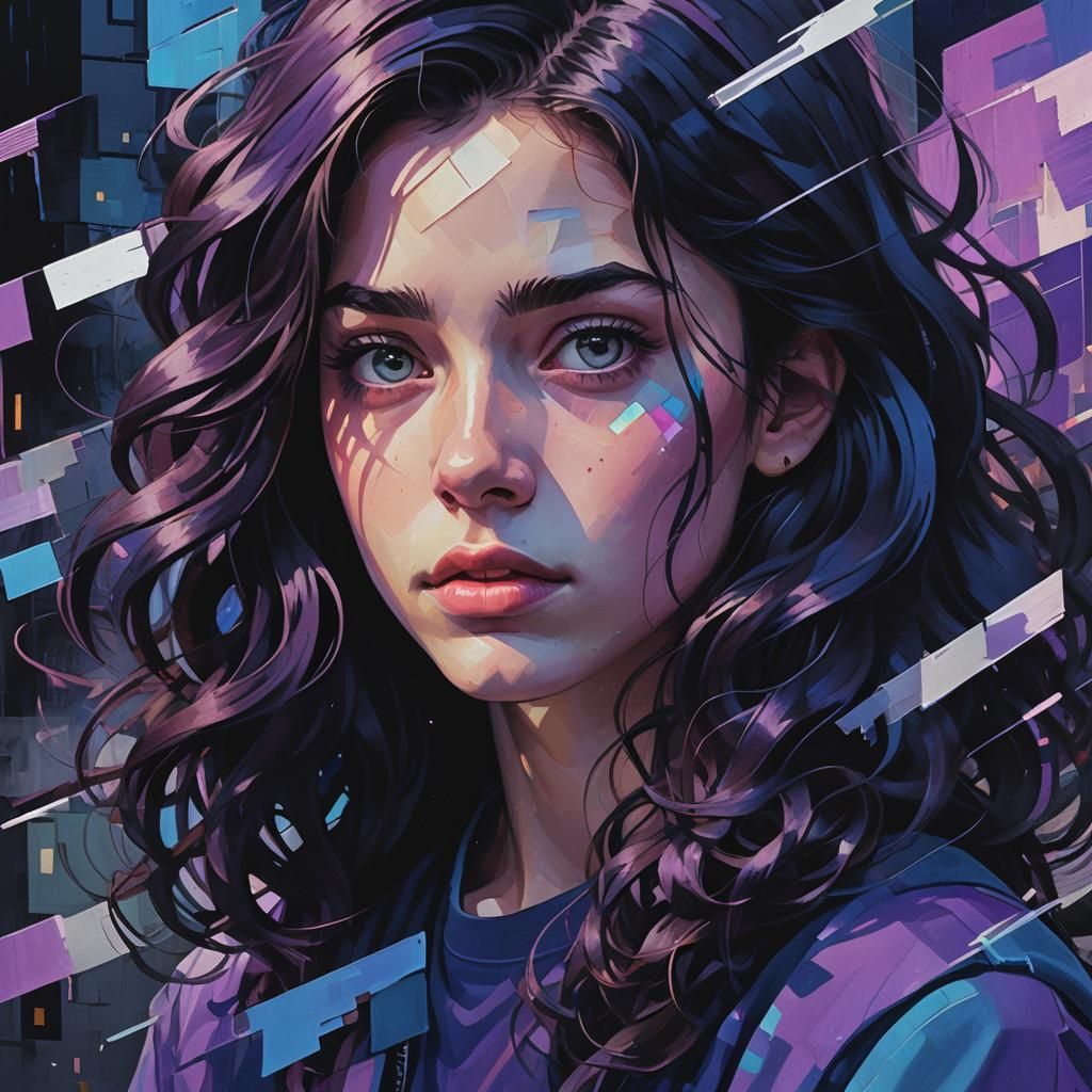 Cubist Glitch Art: Teen in Hyperrealistic Midnight Scene