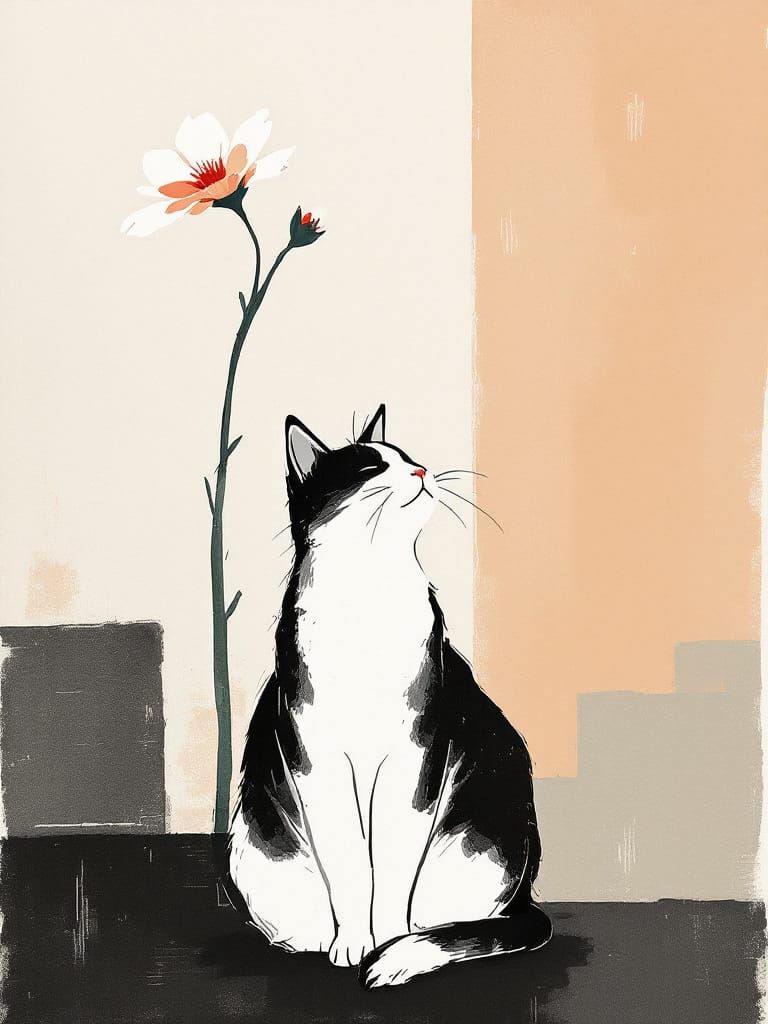 Cat and Flower Under Sunlight