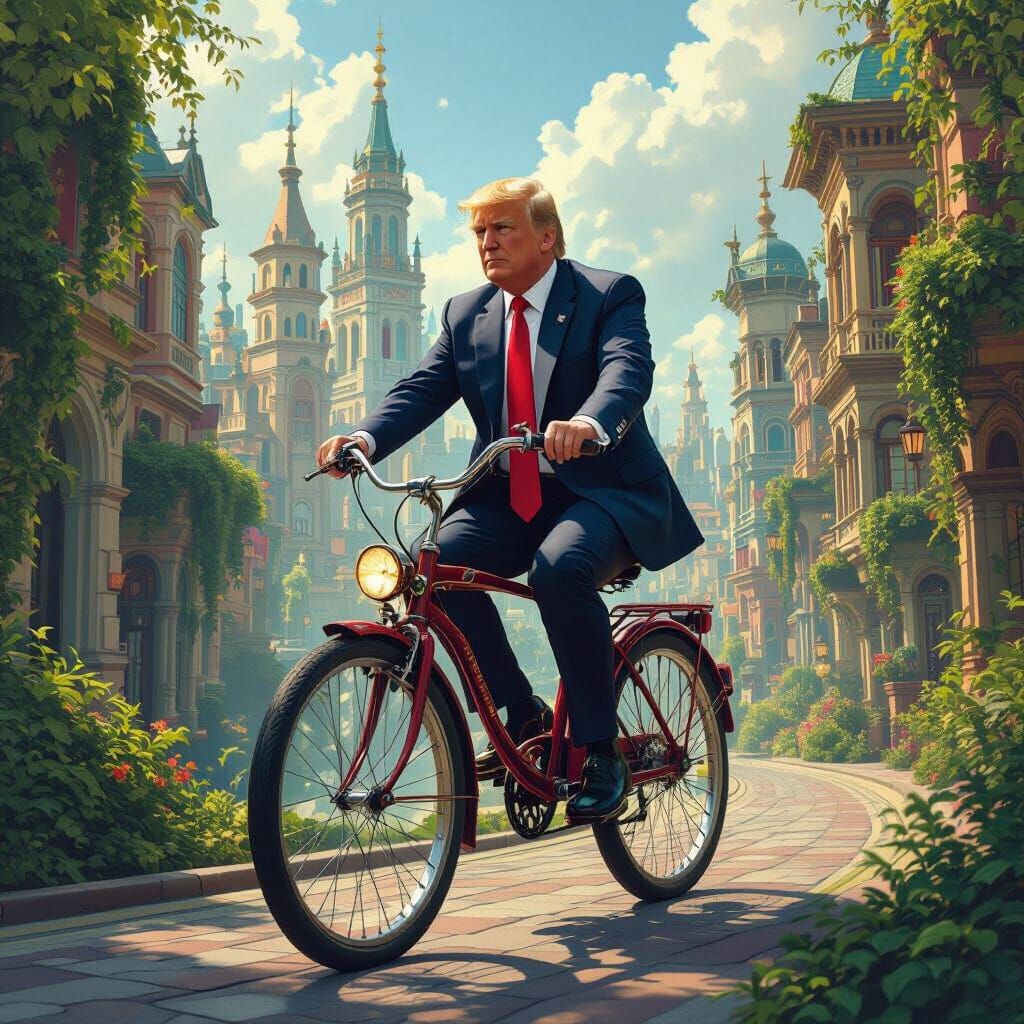 Dreamlike Cityscape: Man on Bicycle in Matte Painting Style