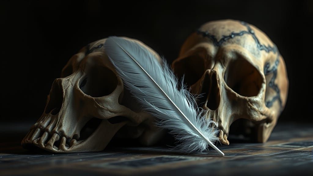 Ancient Skull Beside a Fluffy Feather