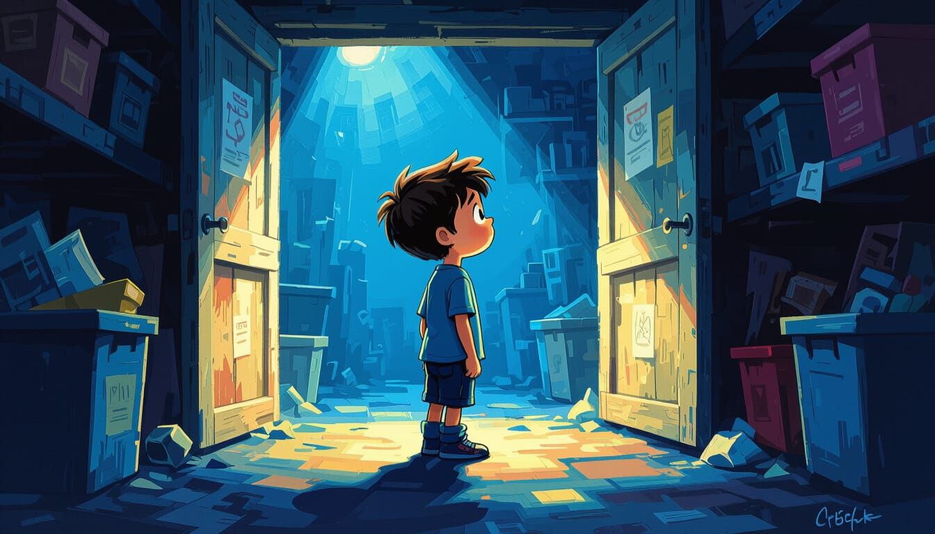 Lost Boy in Oily Cartoon Storage Room