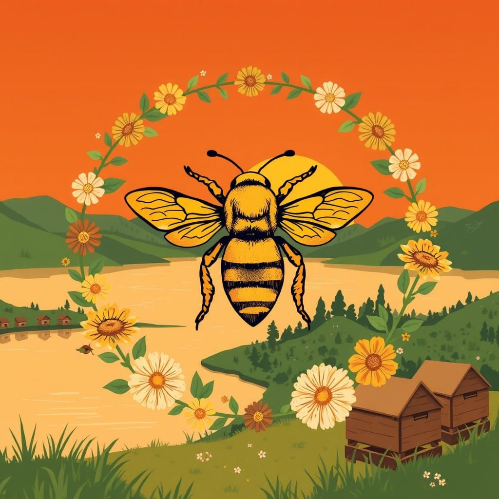 Geometric Honey Bee Logo with Sunset Lake Scene
