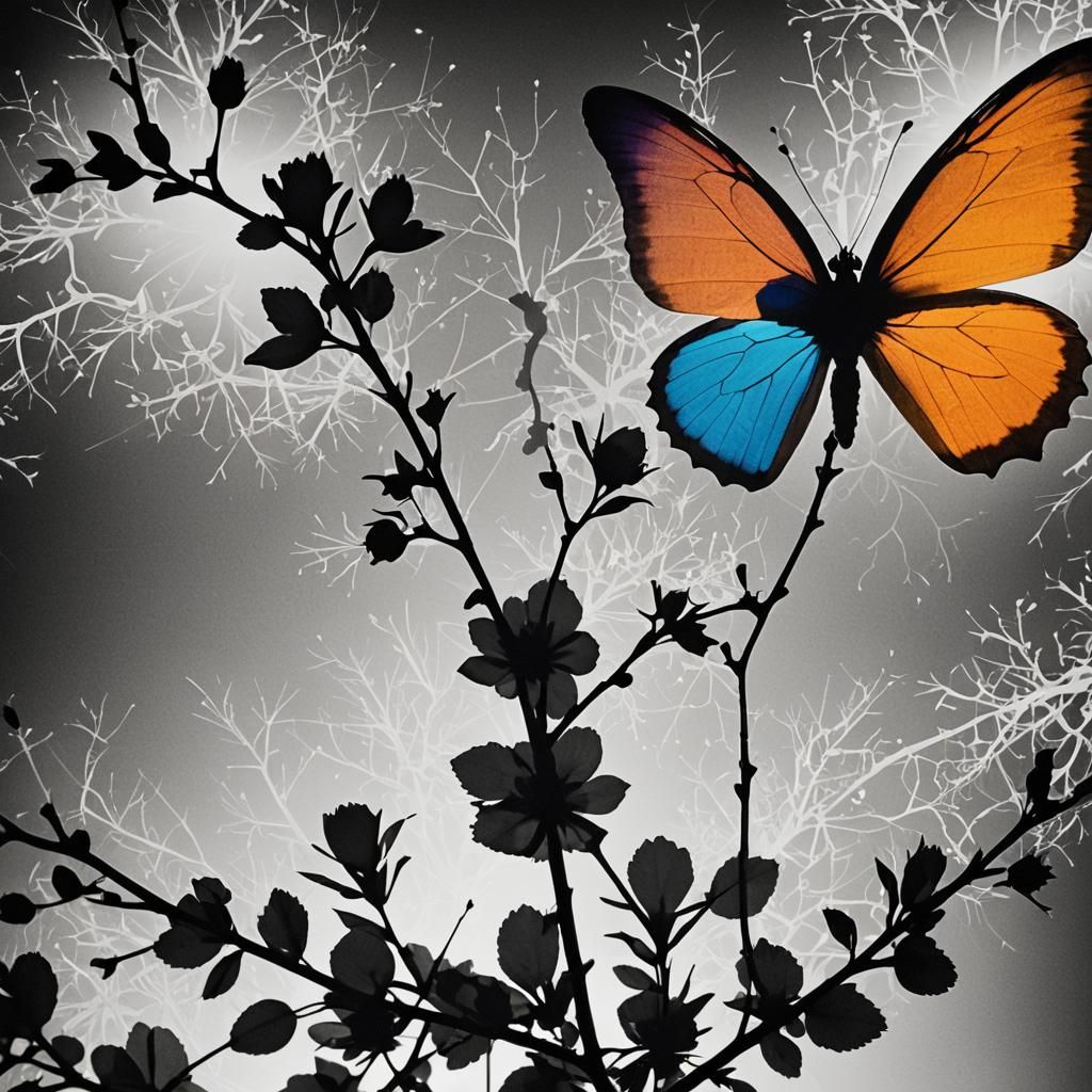 Abstract Photogram of Branch and Flower in Black and White