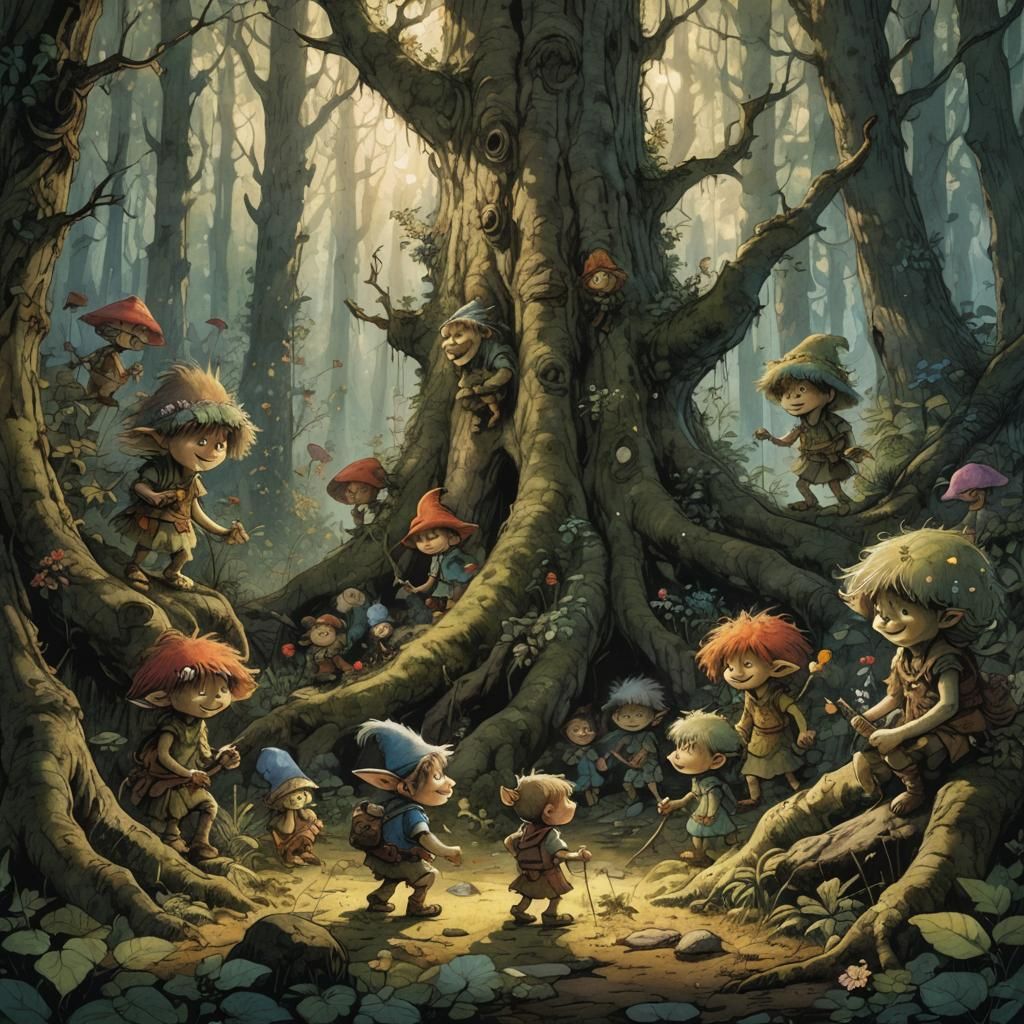 Magical Forest Scene with Trolls and Children