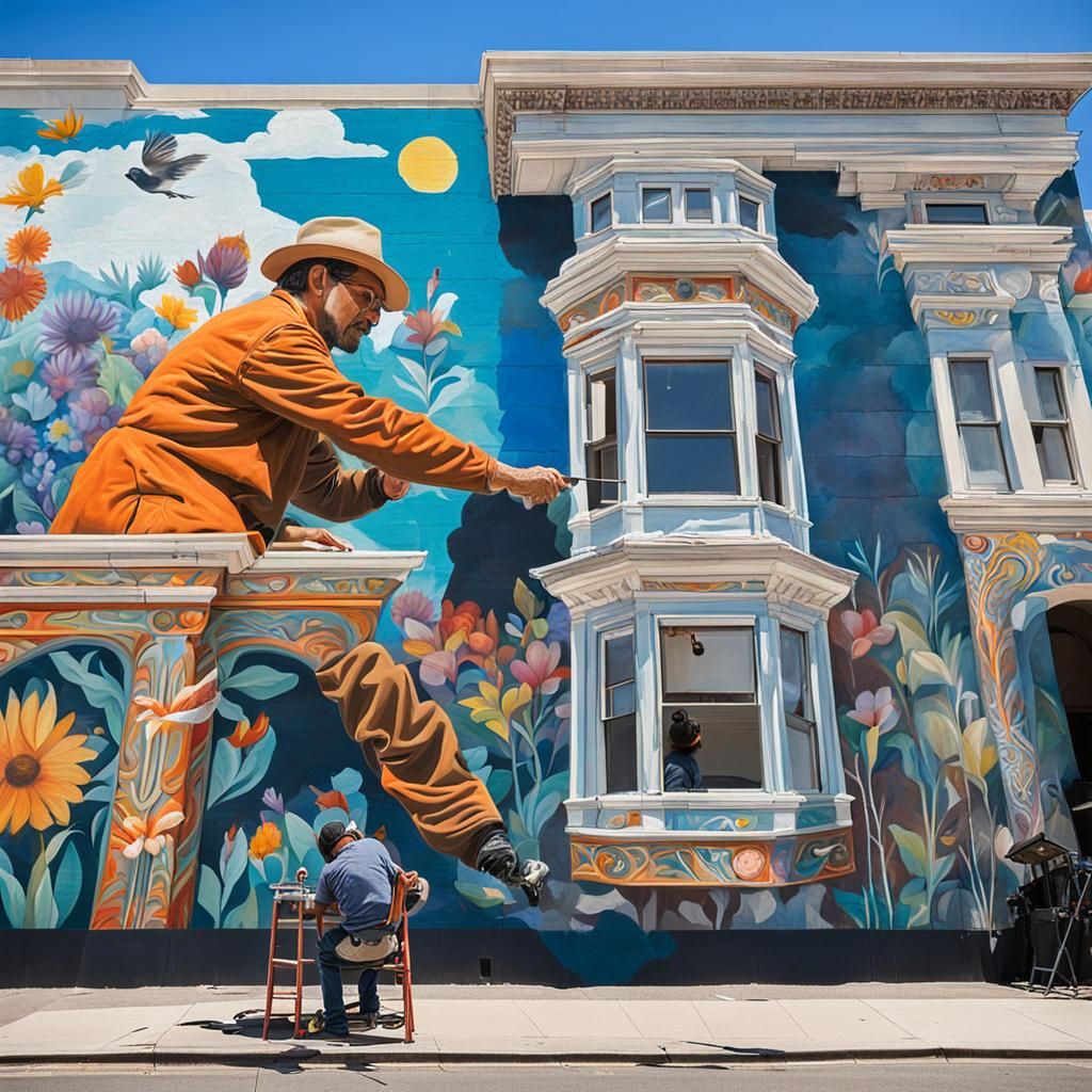 Artist Painting Mural in San Francisco Museum