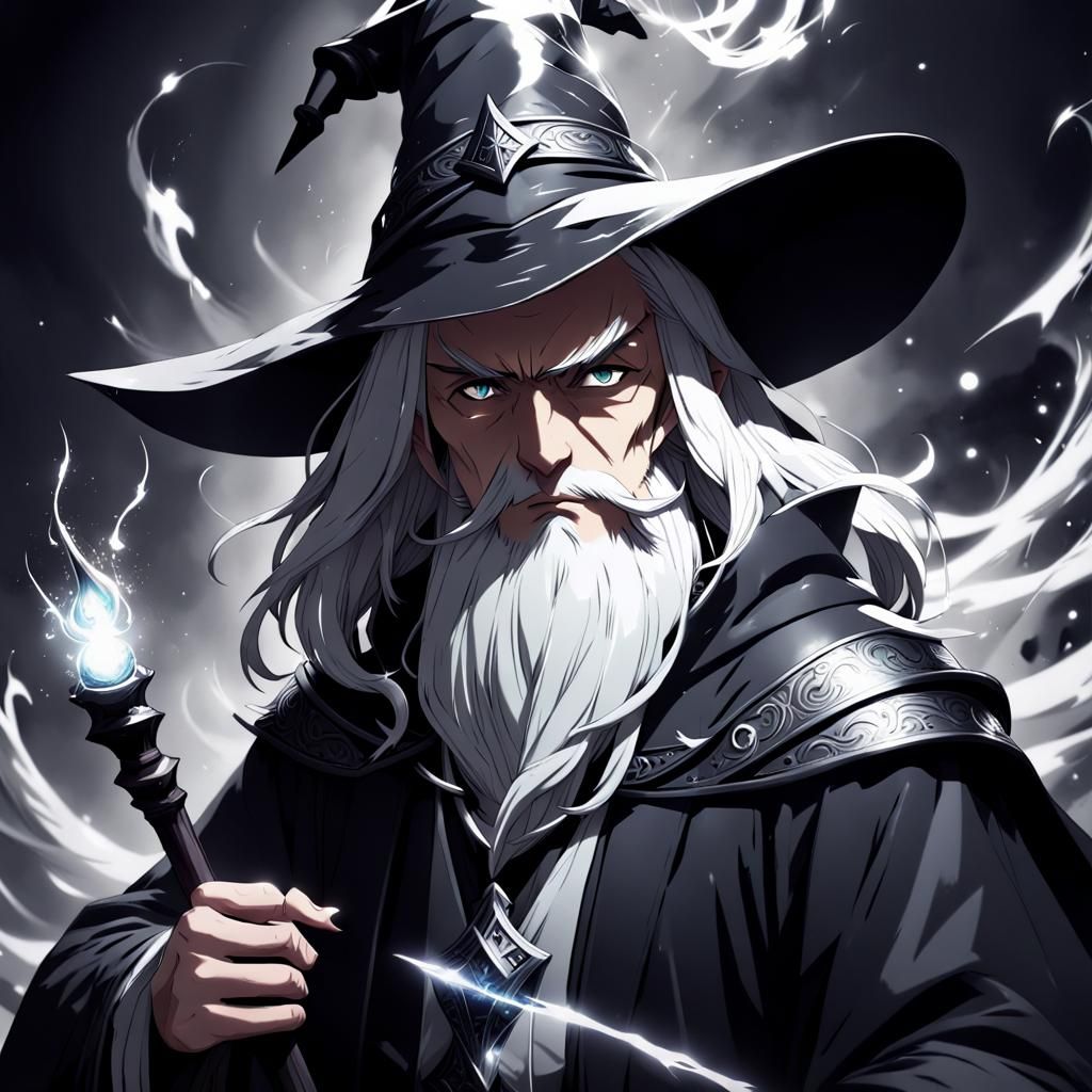 Fantasy Wizard in Black and White Anime Style
