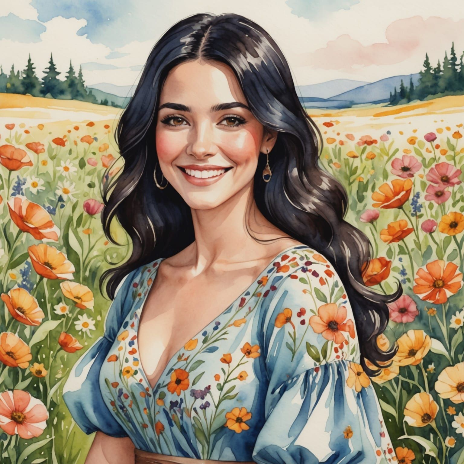 Woman Smiling in Watercolor Flower Field