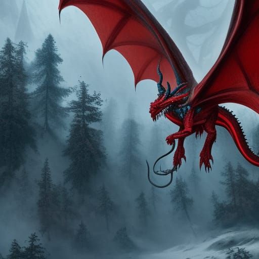 Detailed Dragon in Snowy Forest, Dark Fantasy Art