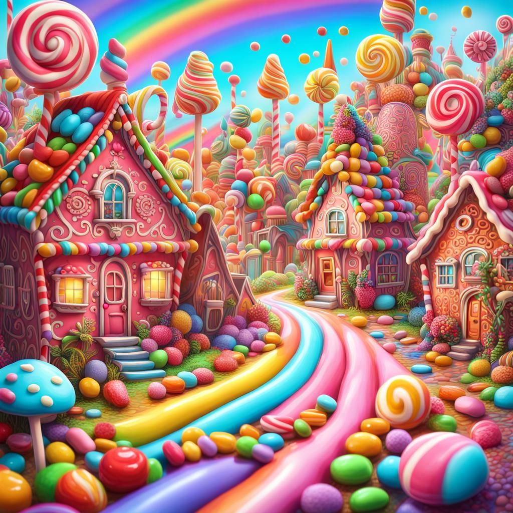 Hyperdetailed Candy Village in Rainbow Colors